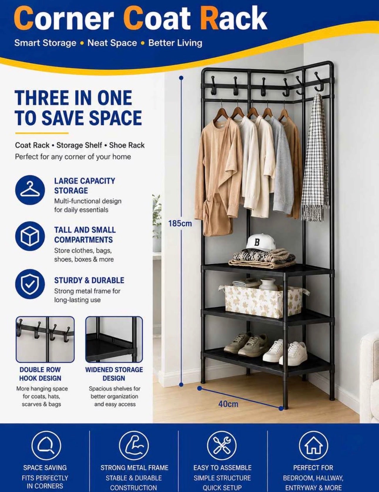 3-in-1 Corner Coat Rack with Shelves & Shoe Storage | Metal Clothes Hanger Stand