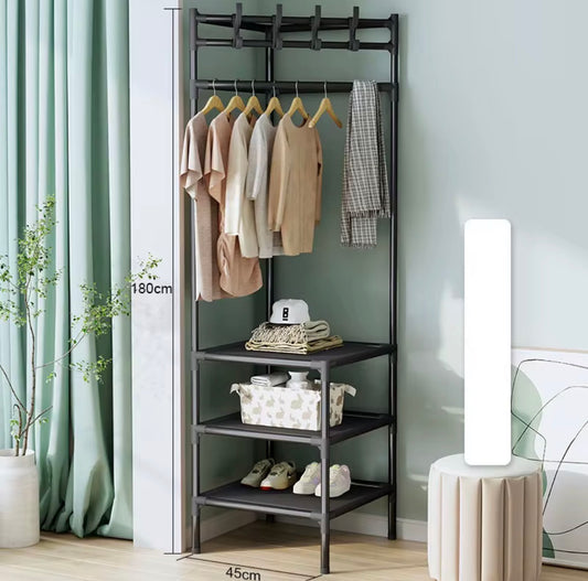 3-in-1 Corner Coat Rack with Shelves & Shoe Storage | Metal Clothes Hanger Stand