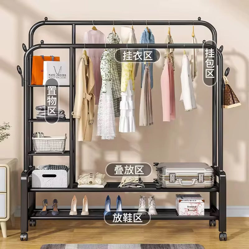 Double Rail Garment Rack with Shelves & Wheels | Wardrobe Organizer