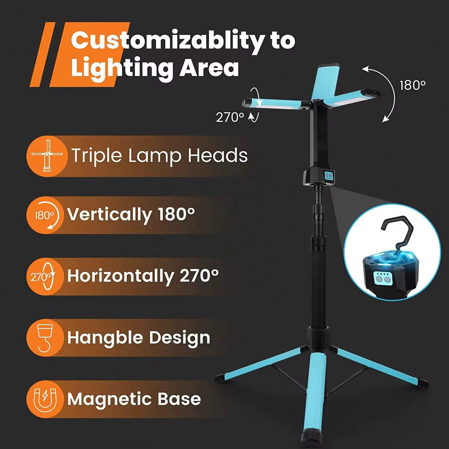 Foldable COB Work Light with Tripod Stand – 3-Head LED Flood Light for Workshop, Camping & Outdoor Use