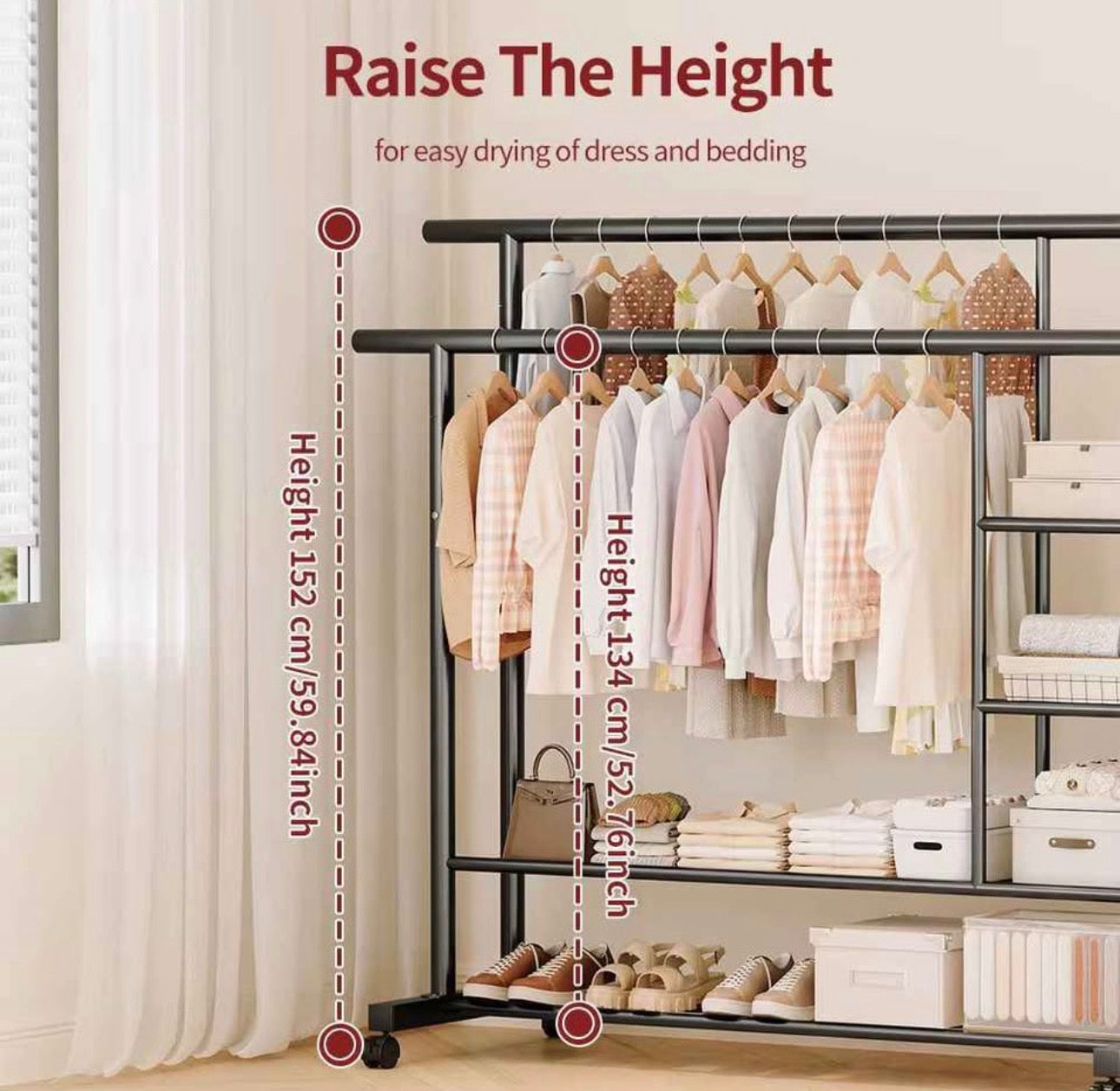 Double Rail Clothes Rack with Shelves & Lockable Wheels | Heavy Duty Metal Garment Stand