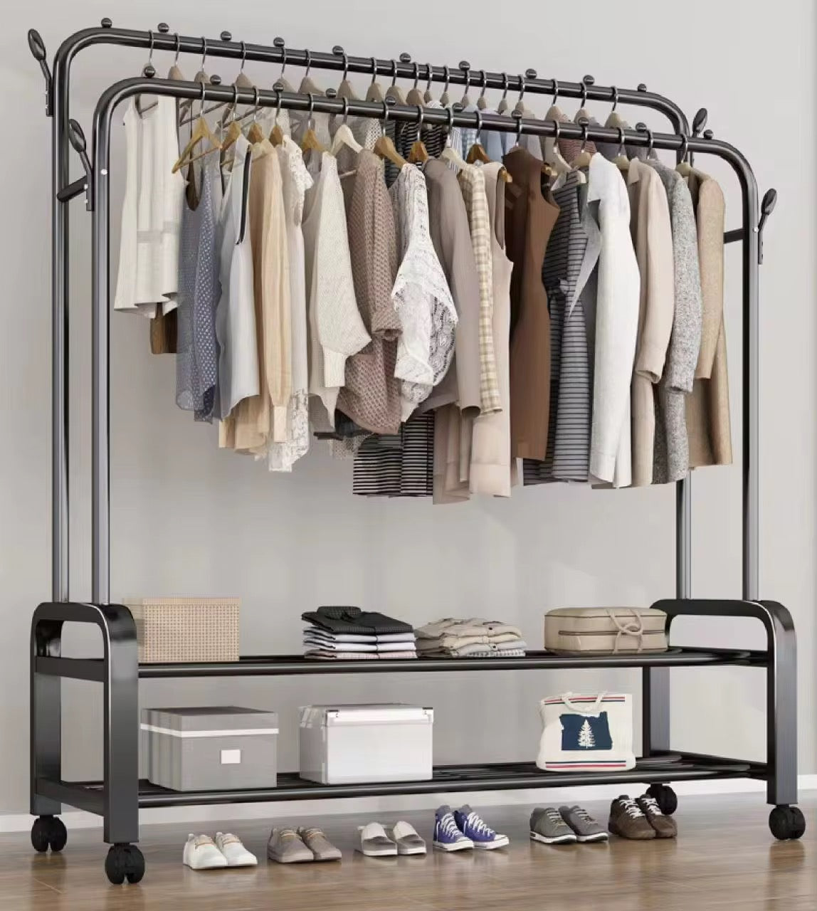Double Rail Clothes Rack with Shelves & Wheels | Garment Organizer