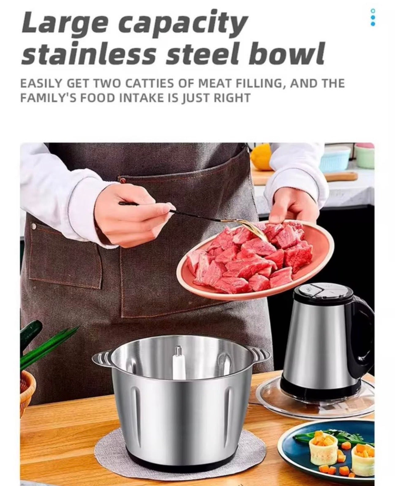 Electric Meat Grinder & Food Chopper | 2L Stainless Steel Bowl | 3-Speed 200W