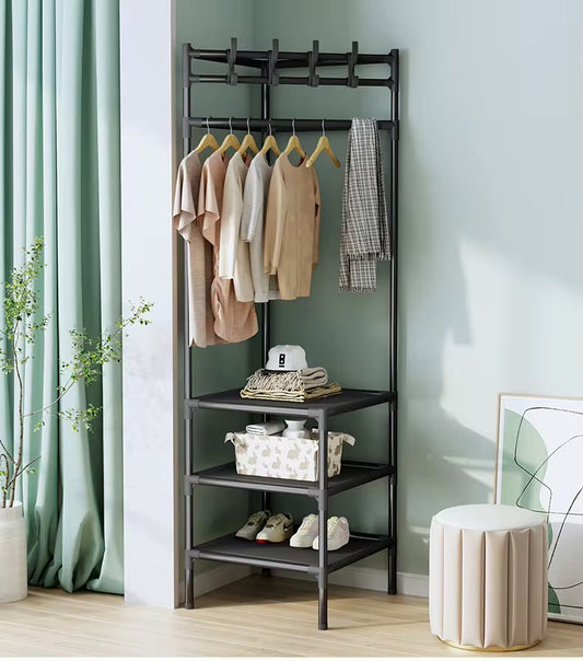 3-in-1 Corner Coat Rack with Shelves & Shoe Storage | Metal Clothes Hanger Stand