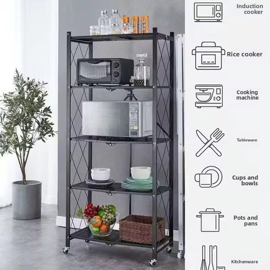 5-Tier Foldable Kitchen Rack with Wheels | Metal Storage Shelf