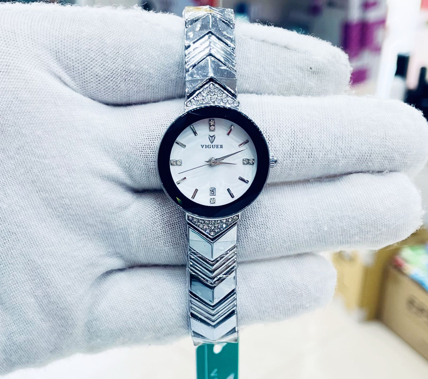 Viguer Ladies Crystal Bracelet Watch — Date Display